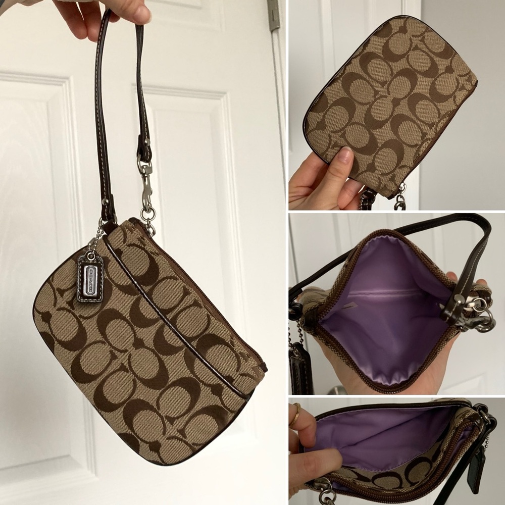 COACH✨Signature Jacquard Canvas Wristlet with Dark Brown Patent Trim